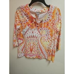 Chicos Tie Front Colorful Pink Orange & Yellow 3/4 Length Sleeve Top SZ 0 SMALL